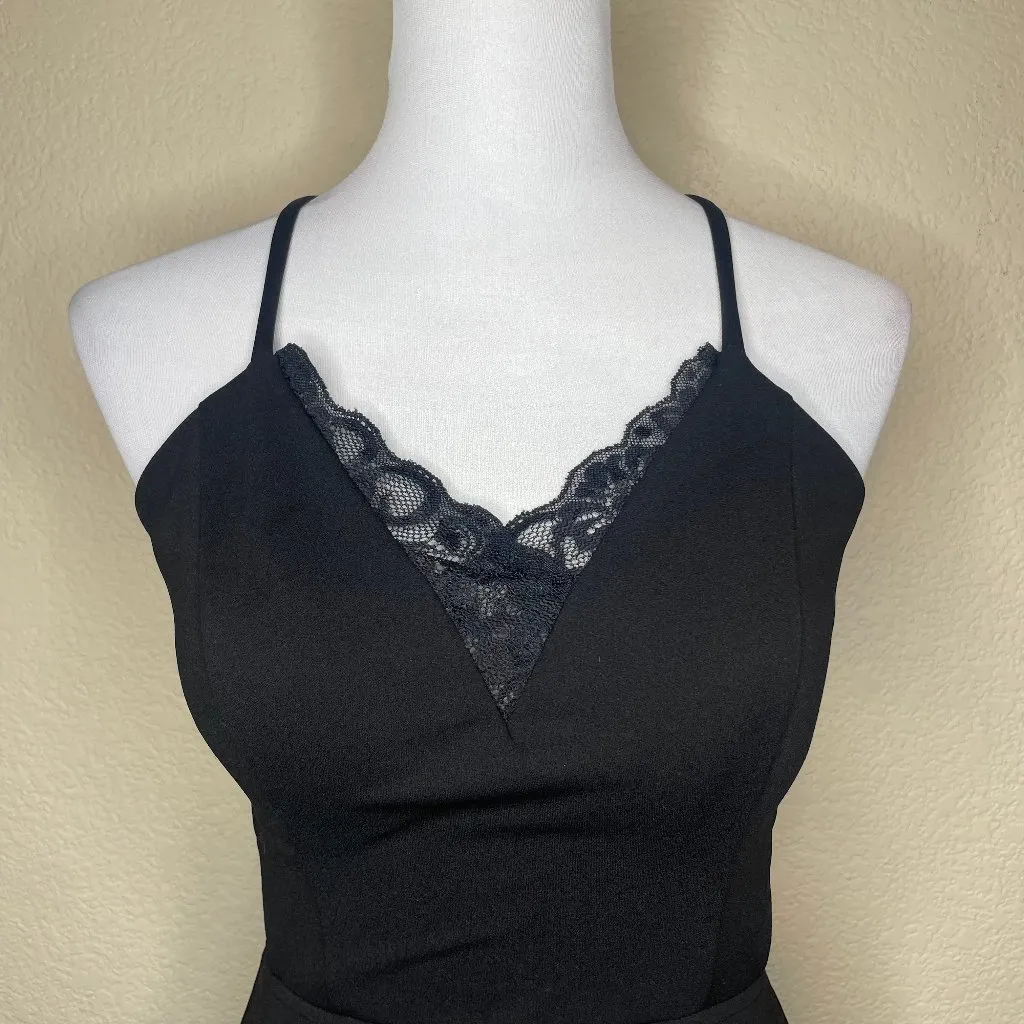 Black Lace Cutout Exposed Zip Mini Skater Dress Size 5 Goth Glam - Image 2
