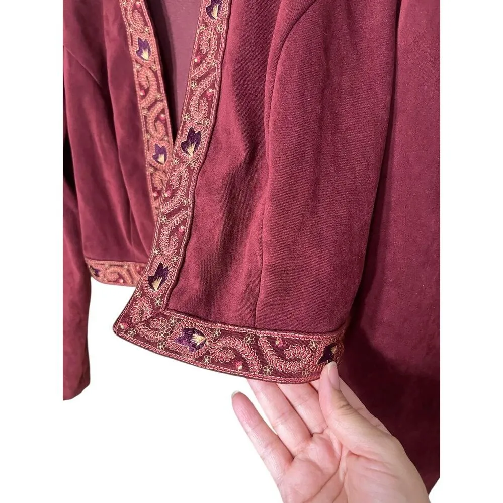 Vintage Dress Barn Burgundy Embroidered Trim Jacket 2 Piece 90s Midi Dress Set 8 - Image 8