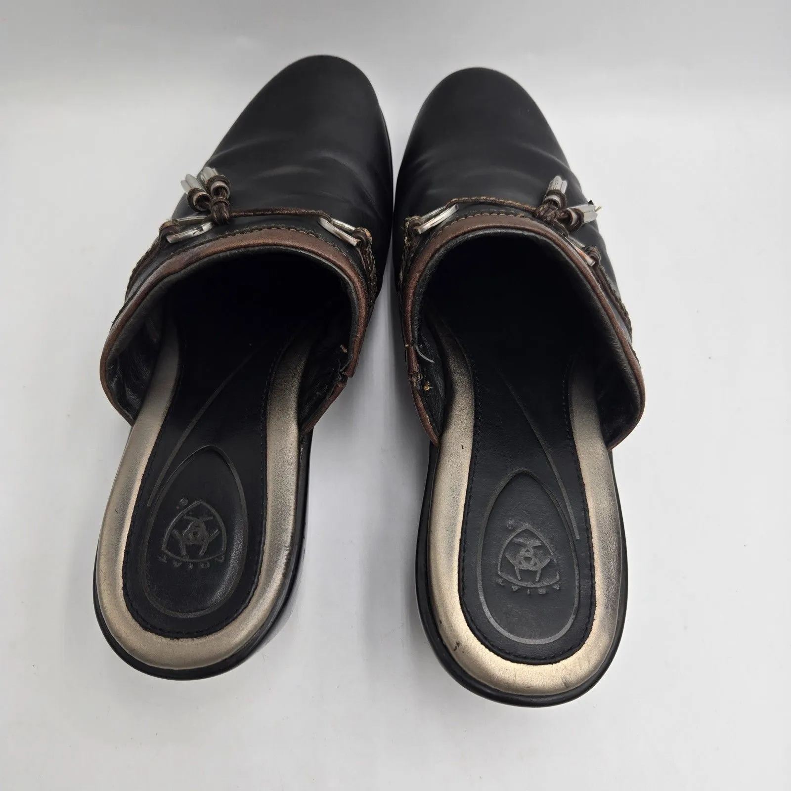 Ariat Leather Clogs Mules 7.5 B Black Brown Tassel Slip On Comfort Wedge Shoes - Image 7