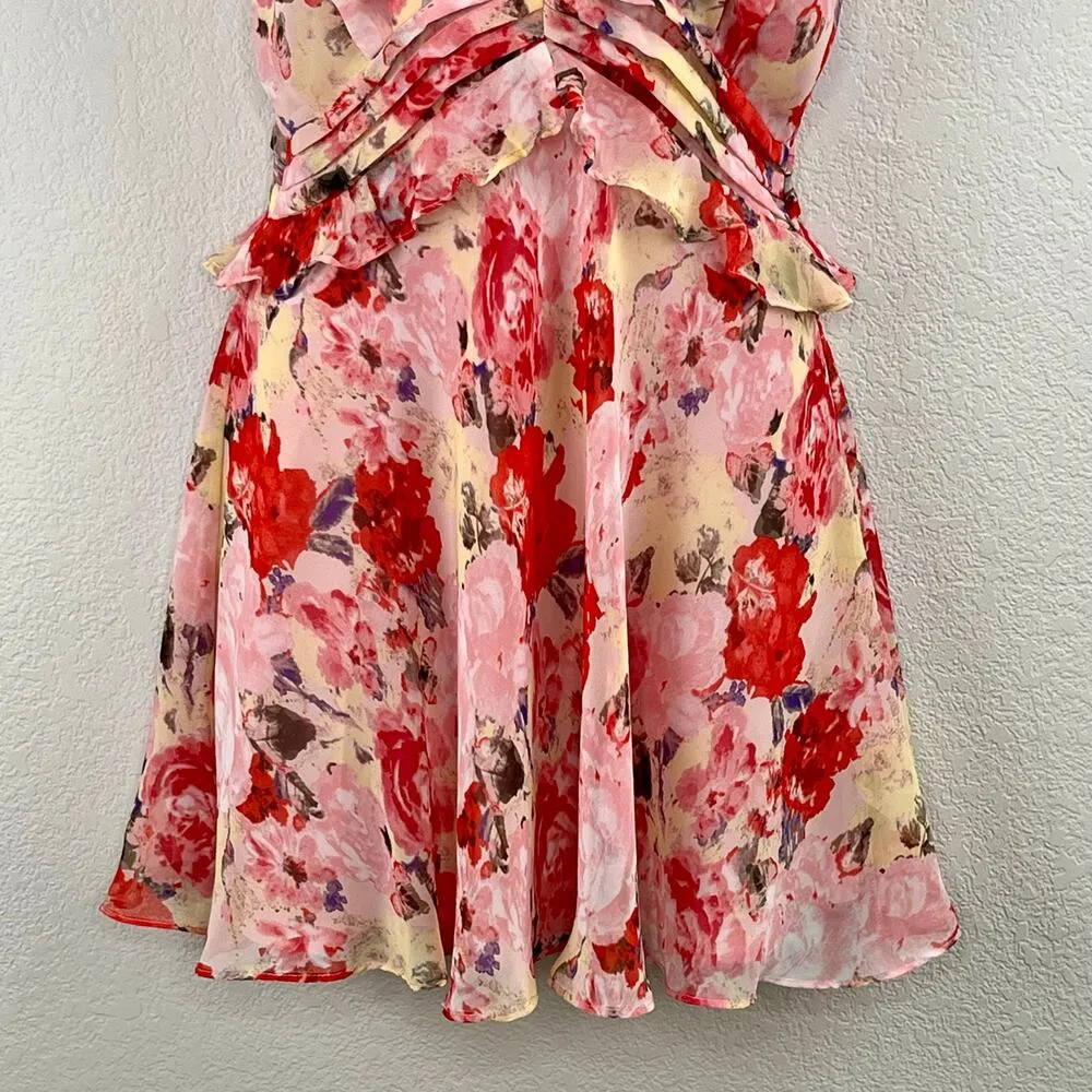Floret Studios Pink Multi Floral Chiffon Ruffle Halter A-Line Mini Dress XS NWOT - Image 8