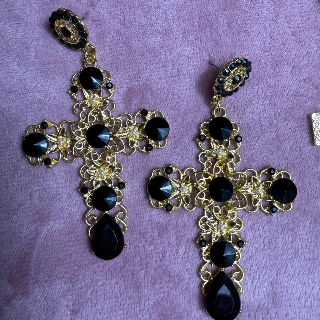 Lot of 2 Gold Rhinestone Cross Dangle Statement Earrings - Image 3