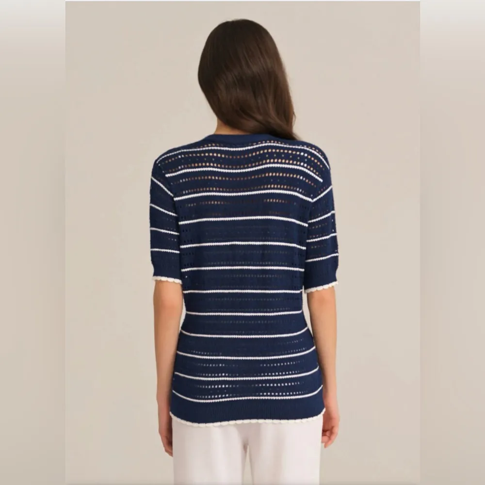 Grace Karin Cardigan Sweater Blue Striped Button V Neck Short Sleeve Nautical - Image 15