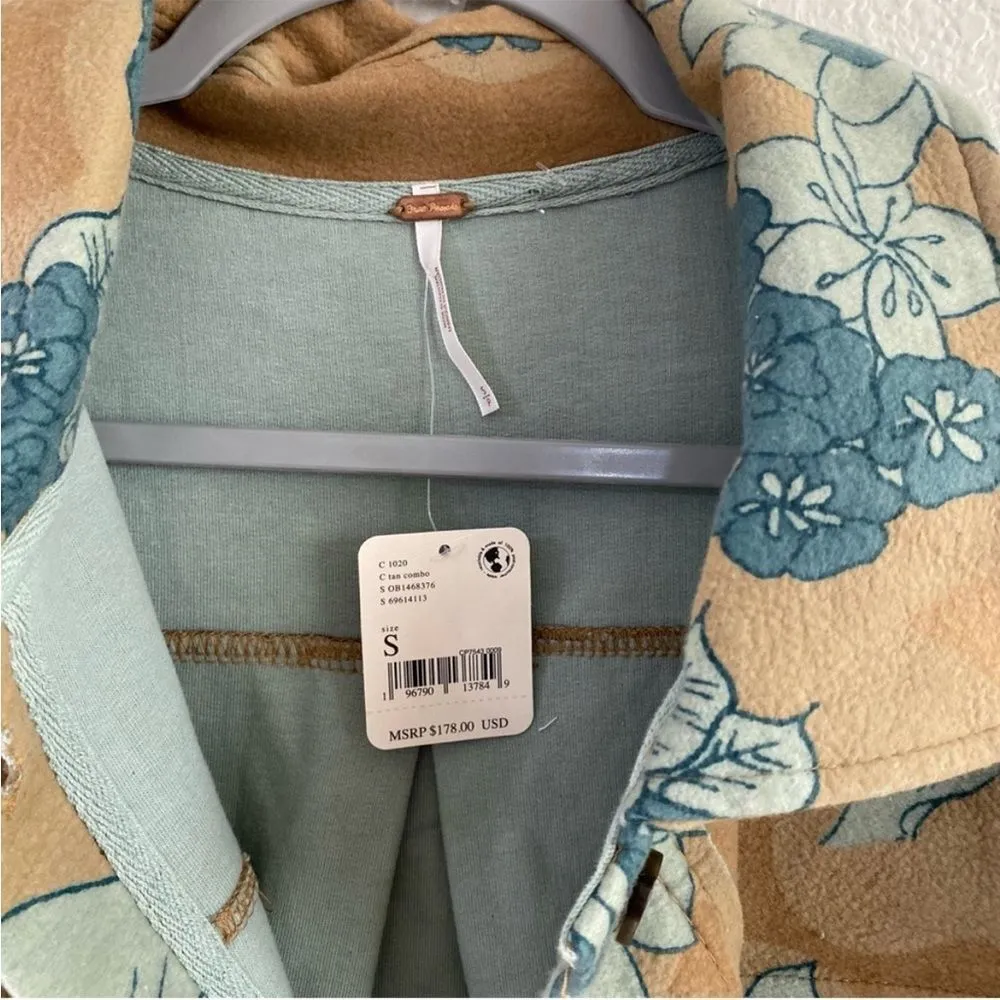 Free People Ruby Jacket Tan Blue Shacket Distressed Mazipan Button Down Floral - Image 8