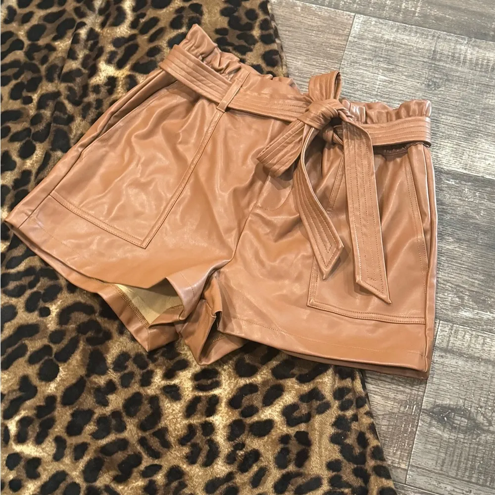 Chocolate pleated high waist belted faux leather shorts size L Tan Size L - Image 6