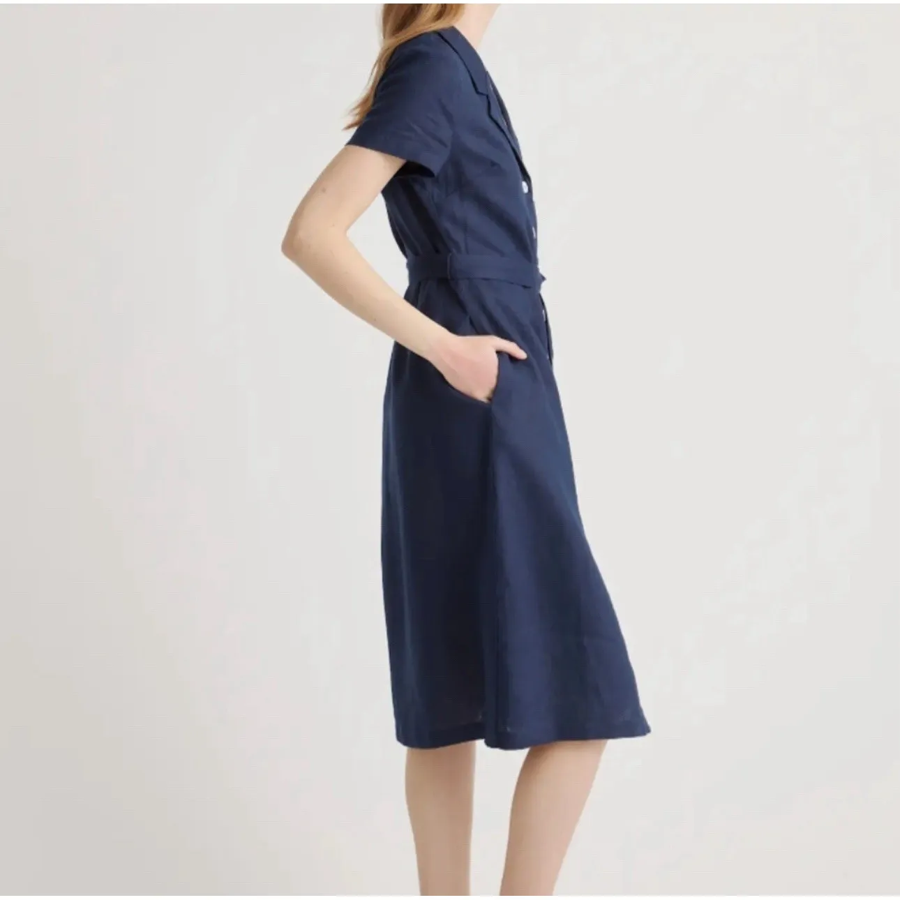 Quince Women's 100% European Linen Button Front Midi Dress Navy‎ Blue Sz Medium - Image 2