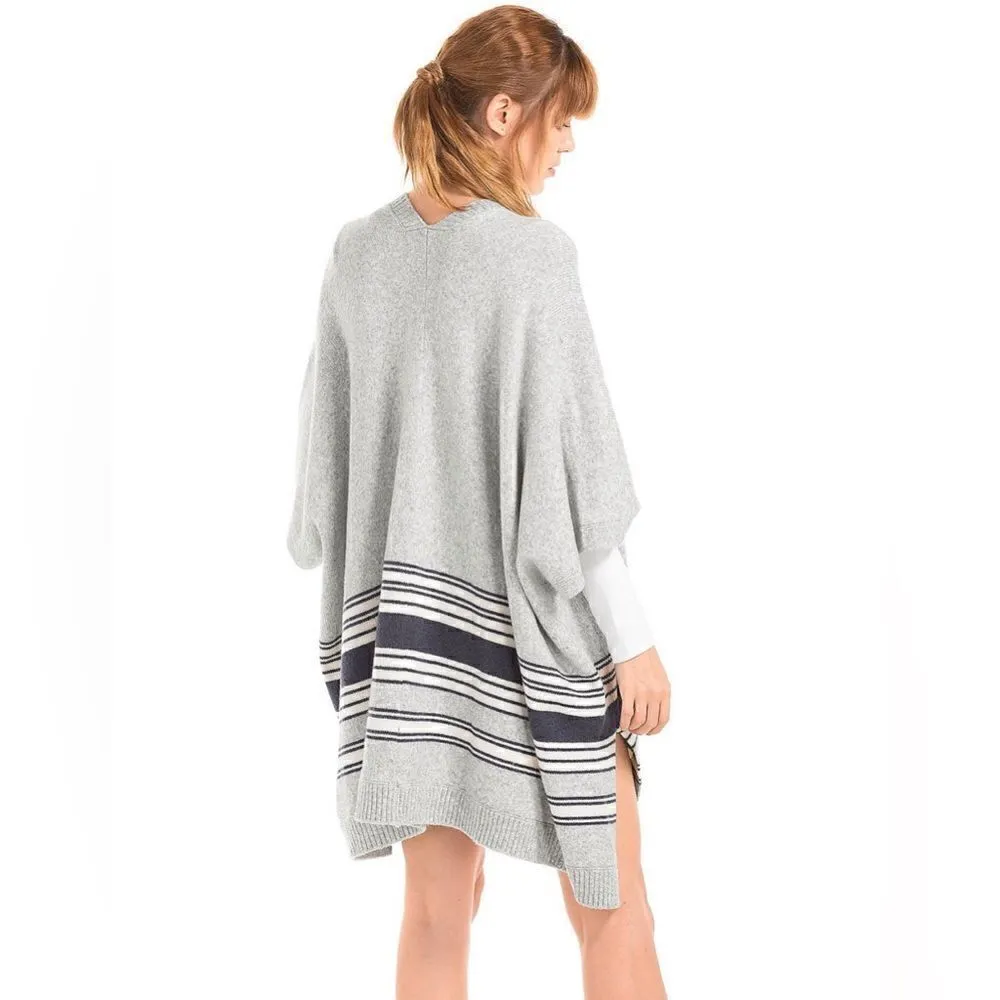 GAP Gray Western Wrap Poncho Cardigan Cape Wool Camel Hair Blend Blue Stripes - Image 3
