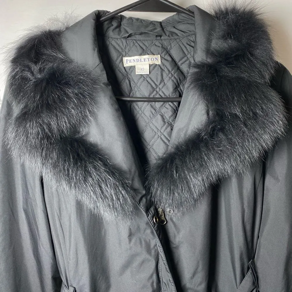Pendleton | Lightweight Belted Puffer Jacket with Fox Fur Trim - Image 3