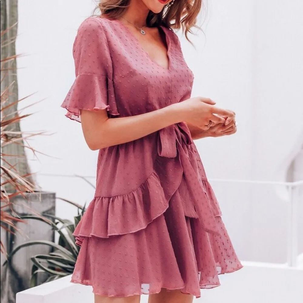 ✨3xHP✨Swiss Dot Ruffle Hem Flounce Sleeve Dress✨ Pink Size L - Image 2