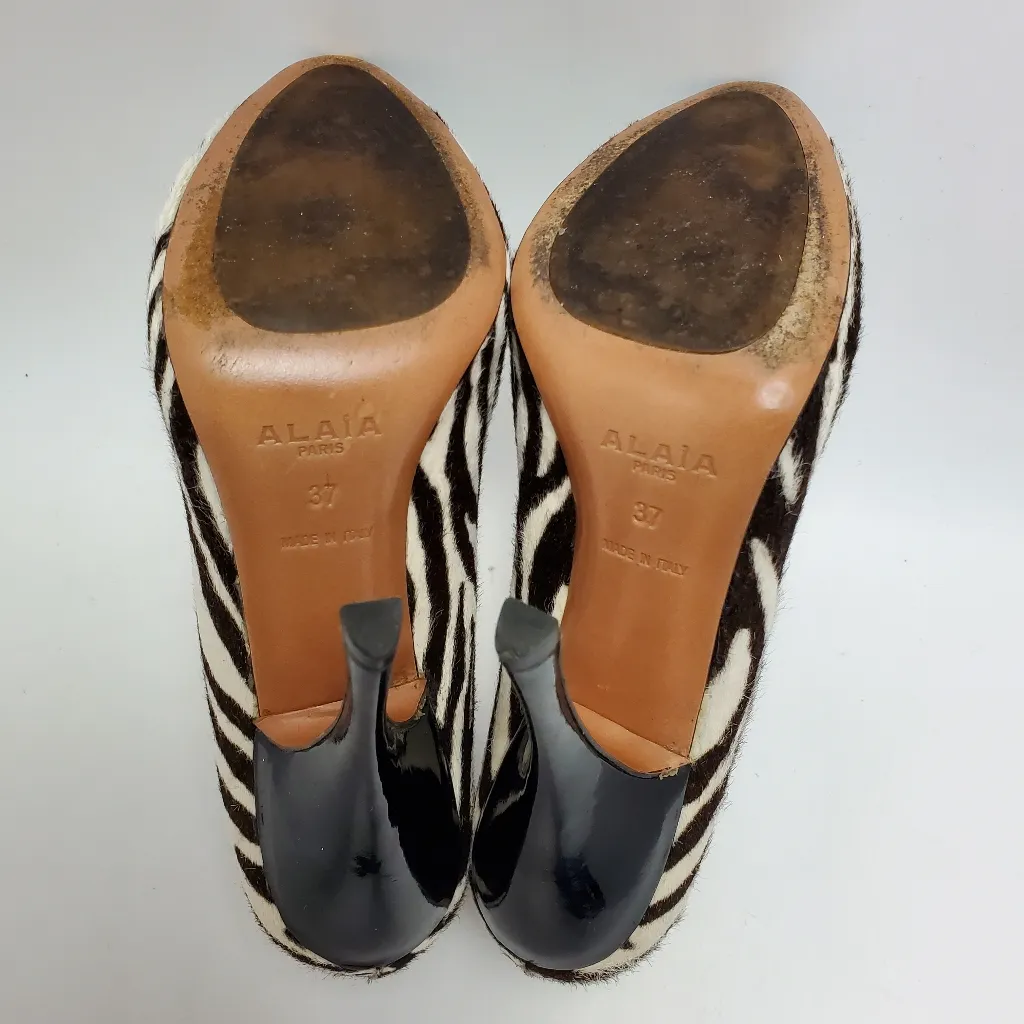 Alaia Azzedine Calfskin Pony Hair Zebra Animal Print Heel Booties Size 37 Black - Image 7