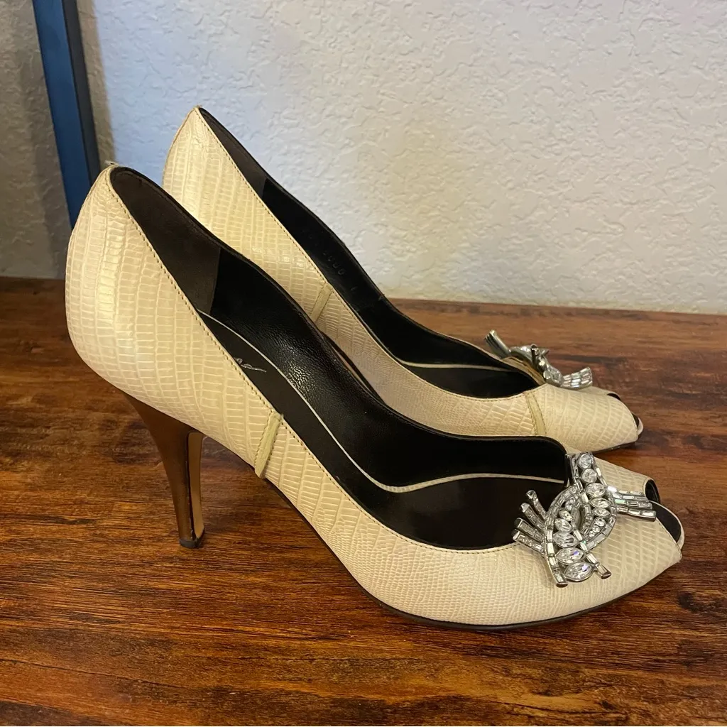 Giuseppe Zanotti Vicini Swarovski Crystal Reptile Embossed Peep Toe Heels - 38.5 - Image 4