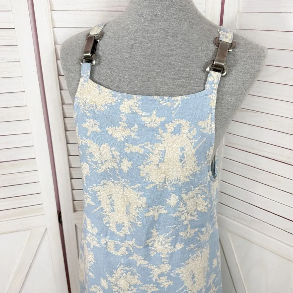Vintage Match Floral Toile Print Linen Overall‎ Jumper Midi Dress Blue Medium - Image 5