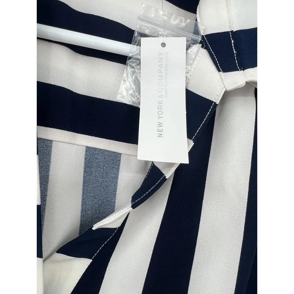 Nwt NY&Co | XS | Sleeveless Dress Navy Striped Midi Collared Women's White $74 - Image 3