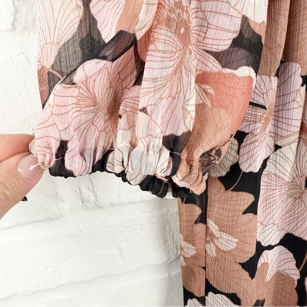 Maison Tara Black Pink Floral Dress Ruffle Waist Tiered Skirt Elastic Cuffs 12 - Image 8