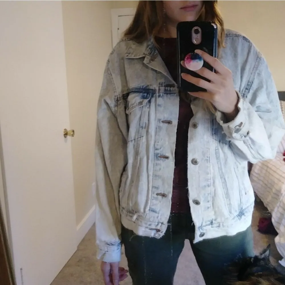 Vintage Acid Wash Distressed Ripped Denim Jacket Blue Size XL - Image 9