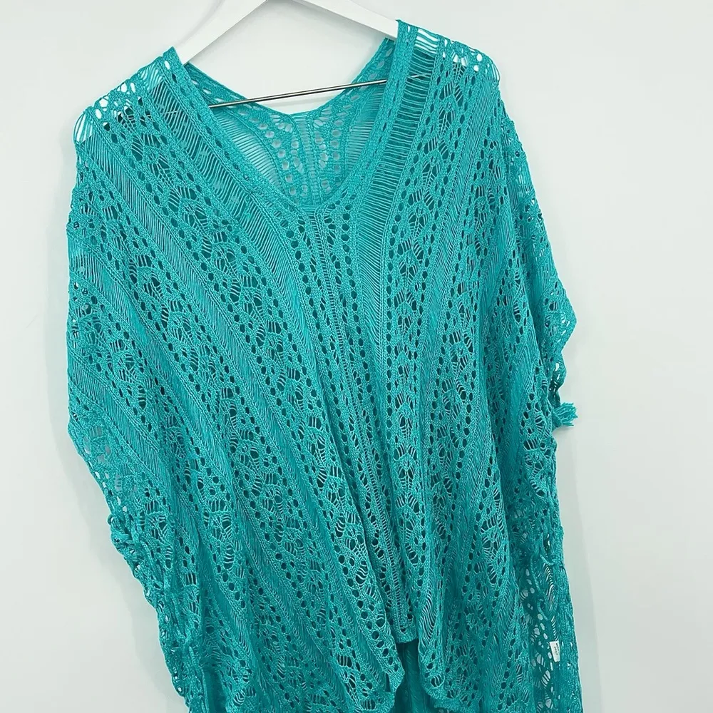 Teal Boho See Through Swim Suit Cover Up One Size Oversized Baggy - Image 3