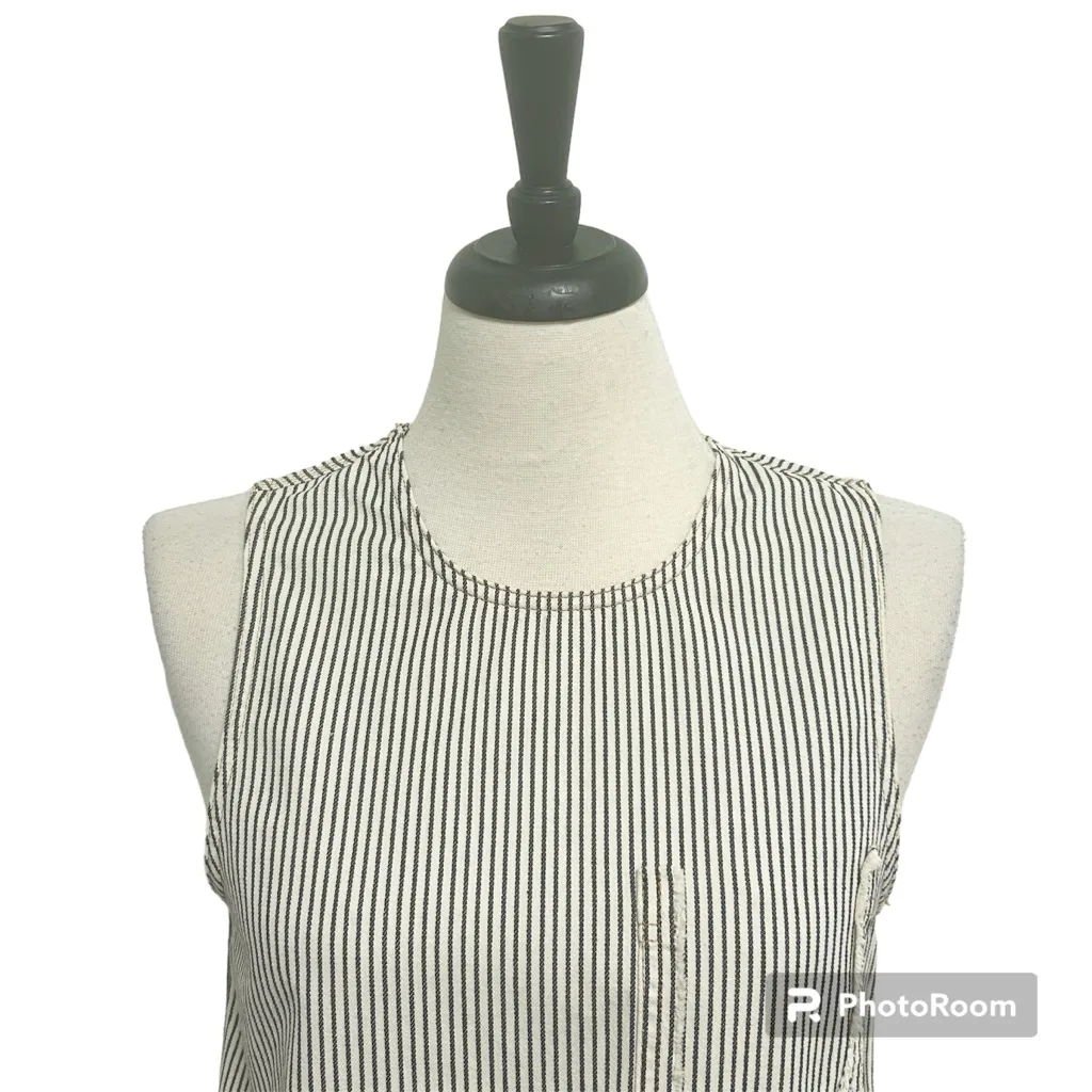 T Alexander Wang Ivory Midnight Navy Stripe Sleeveless Frayed Hem Cotton Top 8 Blue - Image 2