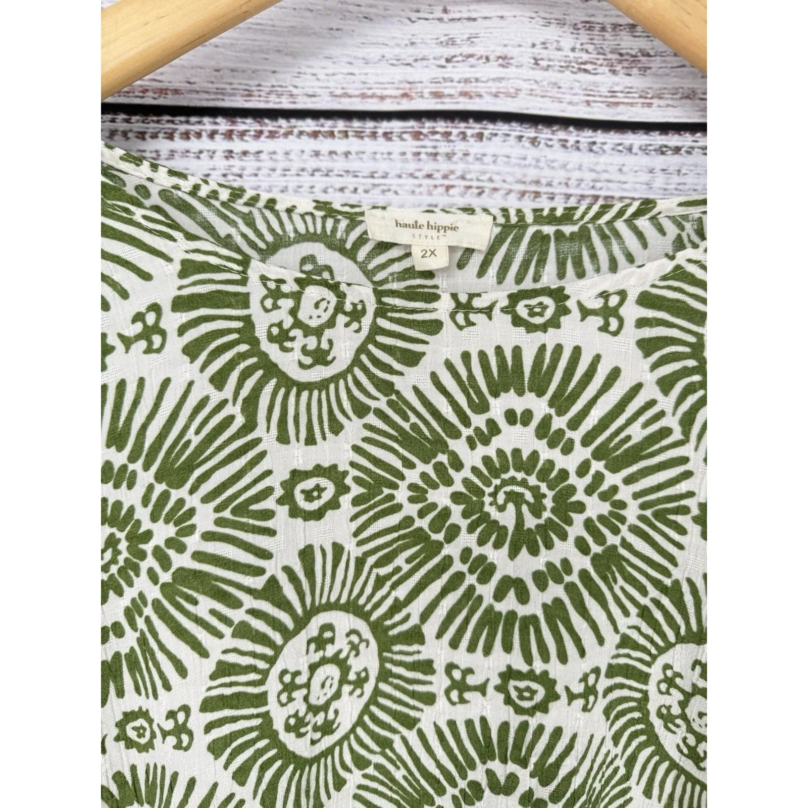 Haute Hippie Flutter Sleeve Boho Blouse Women's 2X Green Sunburst Crochet Rayon - Image 2