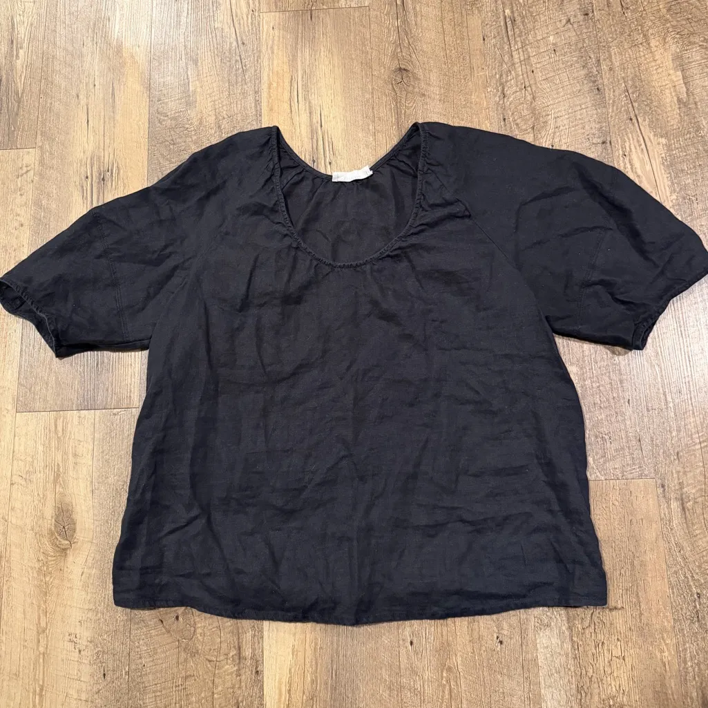 Everlane THE SCOOP TOP IN LINEN Black Puff Sleeve Blouse Large - Image 2