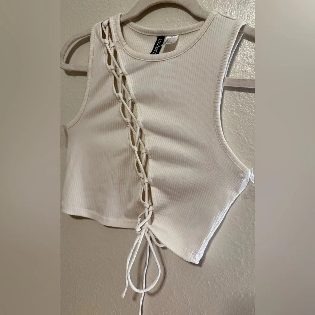 H&M Cream Lace-Up Summer Crop Tank Top | Shirt - Image 4