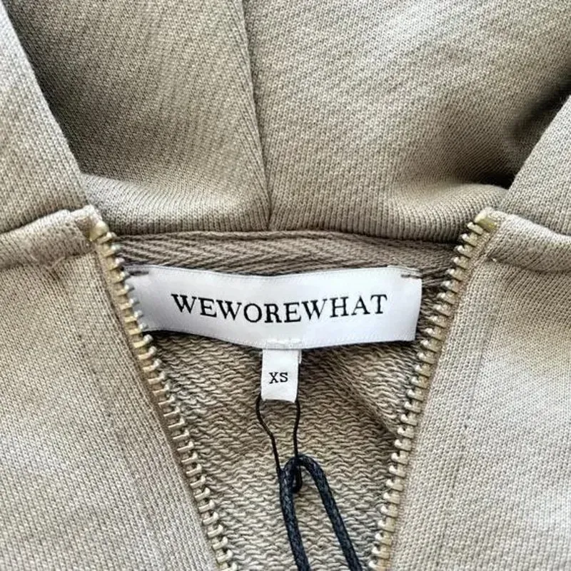 NWT WeWoreWhat Cropped Half Zip Fleece Cotton Hoodie Long Sleeve XS Stone #3980 - Image 8