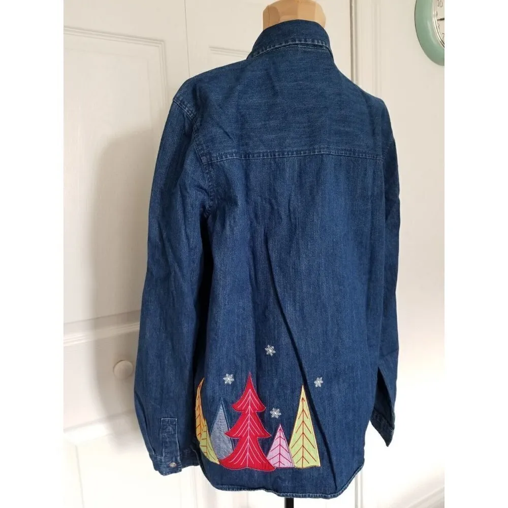 Field Gear Women's Blue Jean Denim Button Down Christmas Tree Blouse Top Size M Size M - Image 3