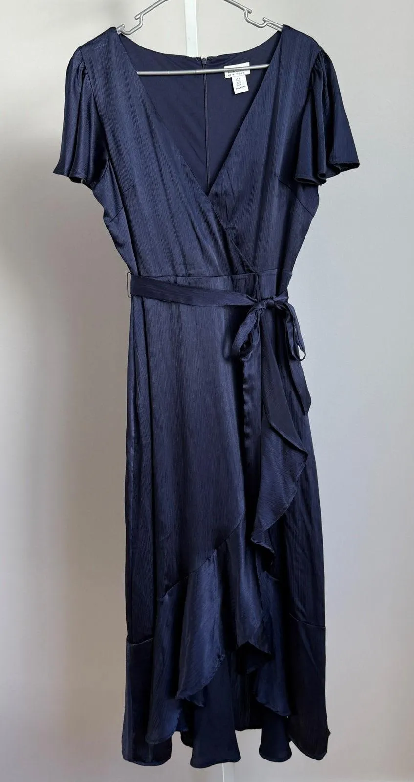 Nicole Miller New York sz 10 Blue Wrap Midi Dress Ruffle Flutter Cocktail Luxury - Image 1