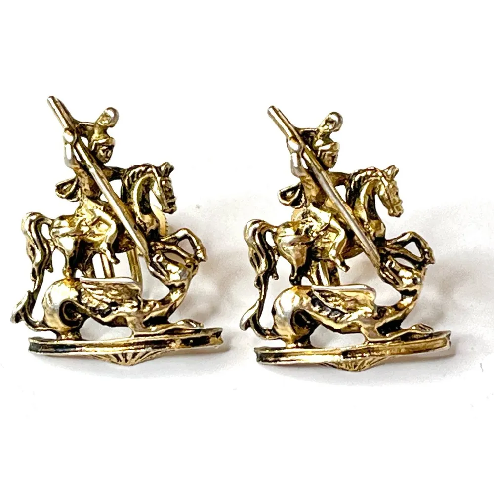 VTG c1919 Coro SCREW BACK EARRINGS Dragon Slayer Horse Warrior CoroCraft Gold - Image 7