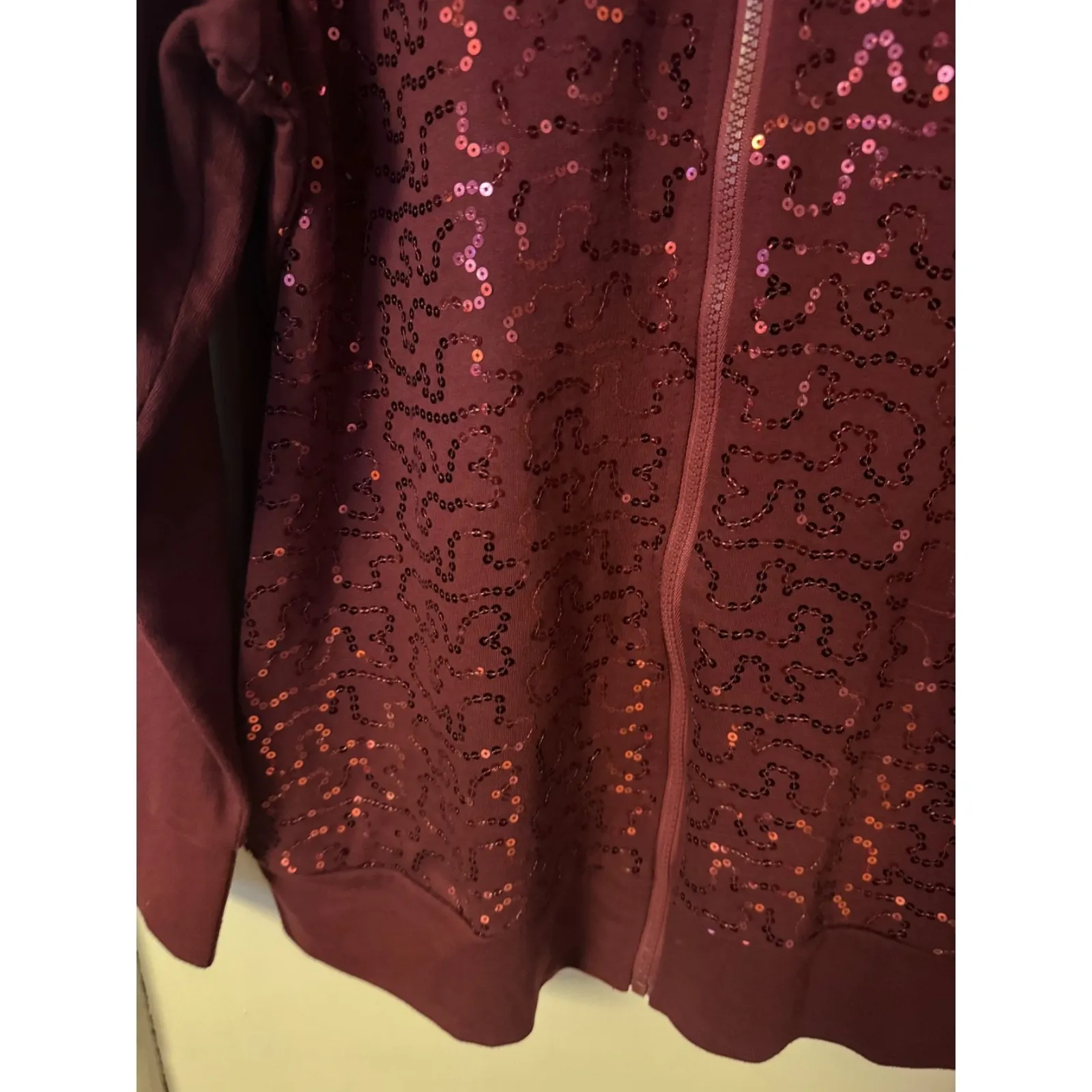 Quacker Factory Sequin Swirl Bomber Jacket SZ Medium Wine Zip Up Women - Image 6
