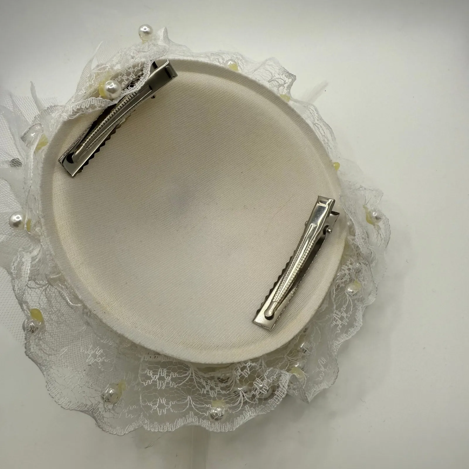 White Bridal Fascinator Hat Hair Clip Lace Pearl Rhinestone Feather Accent - Image 3