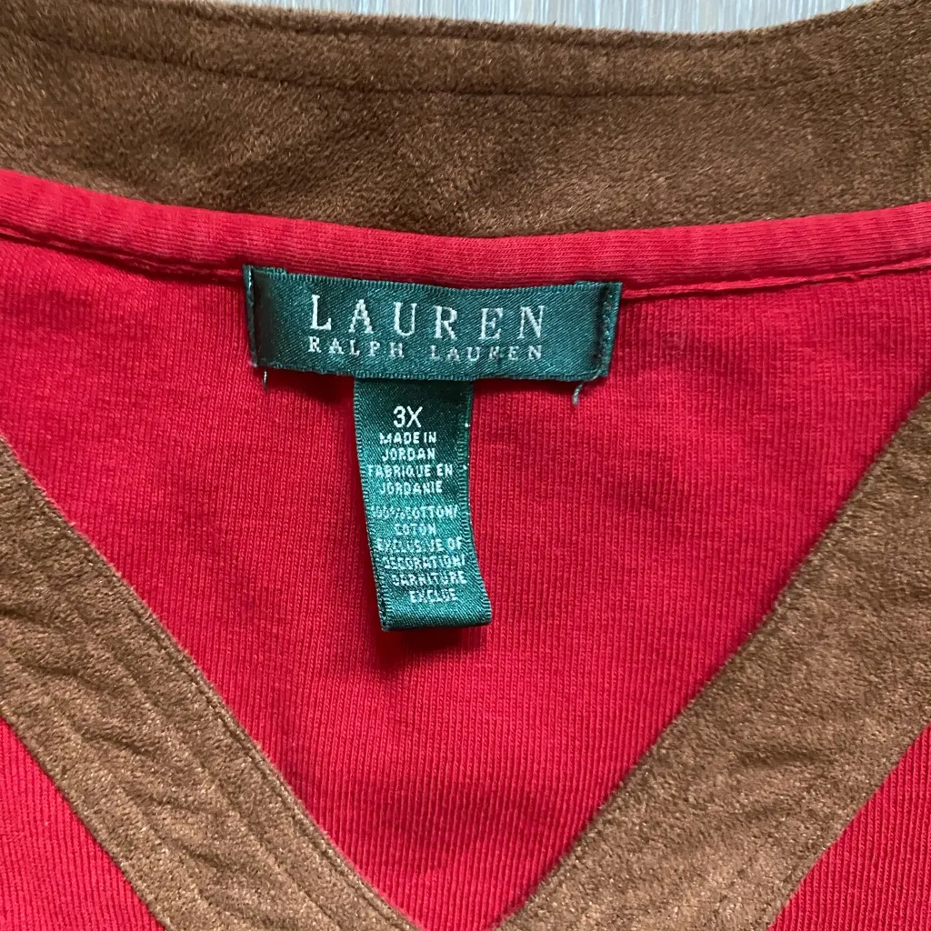 Ralph Lauren Red Heritage Suede Cotton Top 3X Rustic‎ Holiday Cozy Cottage Boho - Image 2