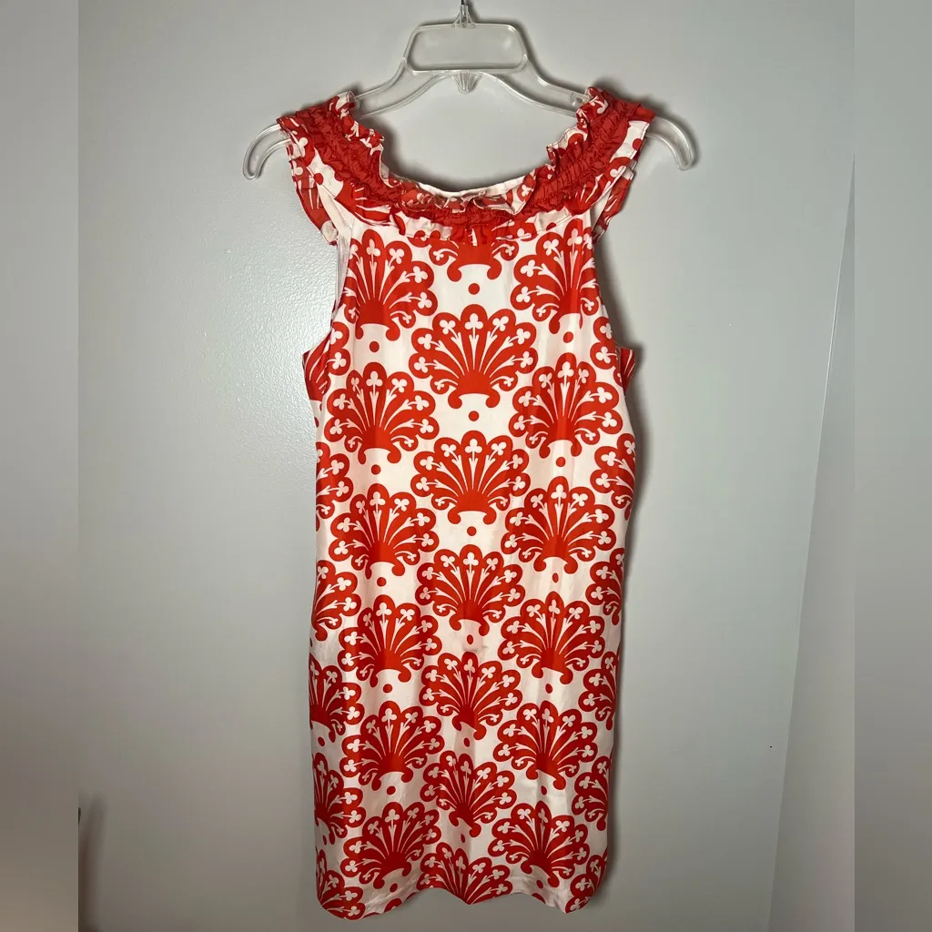 Milly Of New York Vintage Silk Fan Print Orange Ivory Ruffle Shift Dress Sz 8 - Image 4