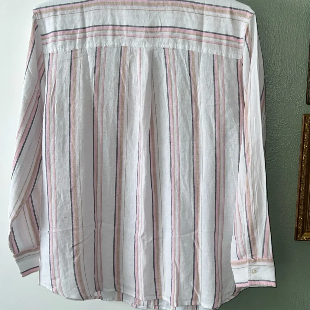 Gap Linen Shirt Women Med Pink Gray Stripe Button LSleeve Linen Blend NWT - Image 3