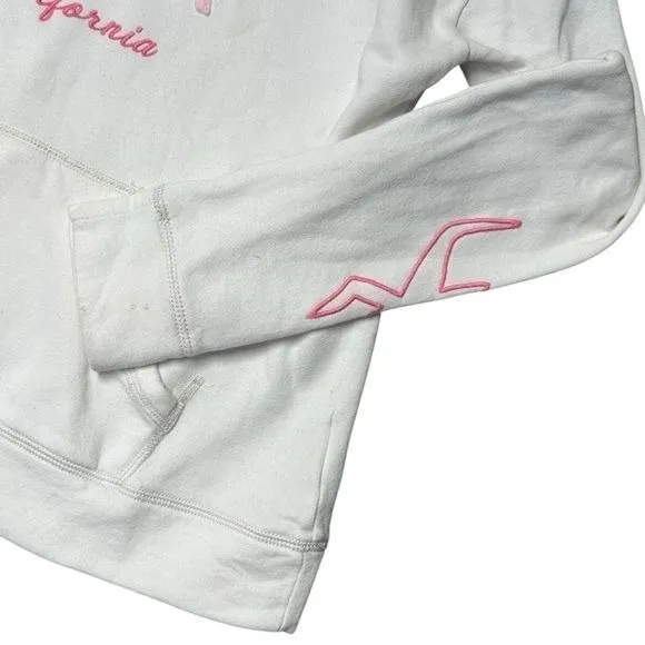 Y2K Hollister White and Pink Spellout Hoodie Collegiate Academia Coastal Comfy M - Image 4