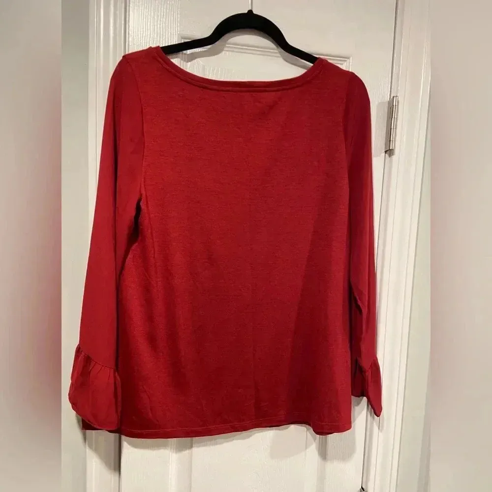NWT Loft Red Ruffle Cuff Sheer Sleeve Scoop Neck Knit Pullover Top Blouse Size M - Image 7