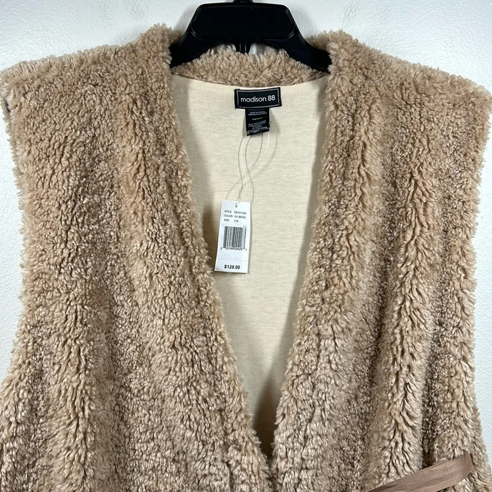 Madison 88 Faux Fur Fluffy Vest with ribbon tie Pockets Fuzzy Cozy Tan Size undefined - Image 7