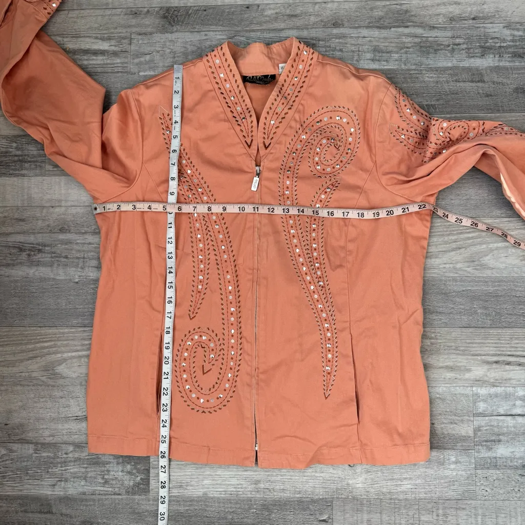 Vintage Bob Mackie Wearable Art Coral Embroidered Studded Zip Jacket Size XL O5 - Image 2