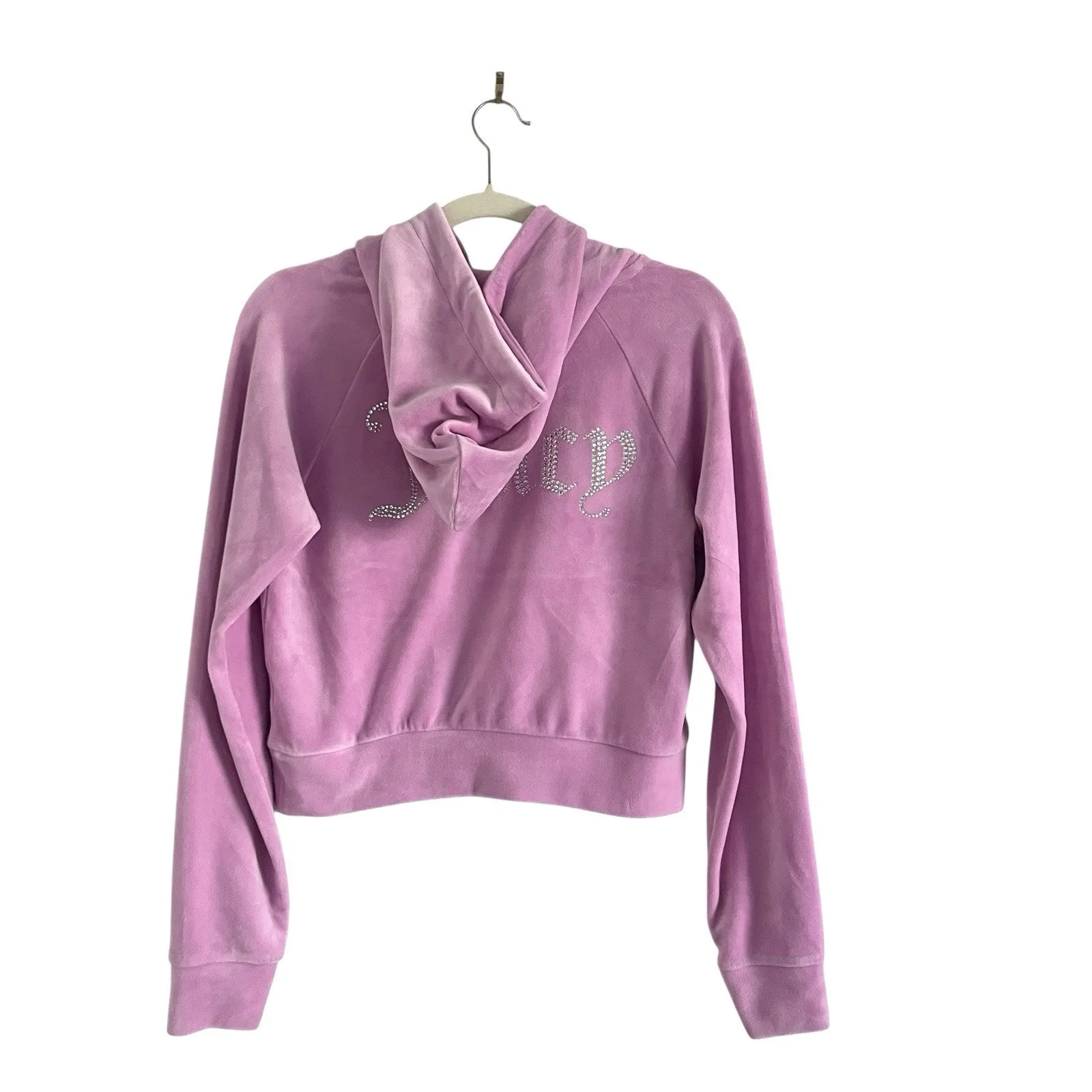 Juicy Couture Cropped Hoodie Big Bling Velour Pink Jacket Sz Small Y2K Grunge - Image 4