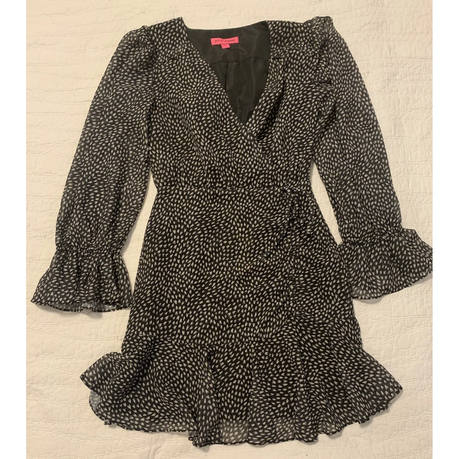 Betsey Johnson Dress 0 Black Heart Print Chiffon Mini Ruffle Party Coquette Glam - Image 2
