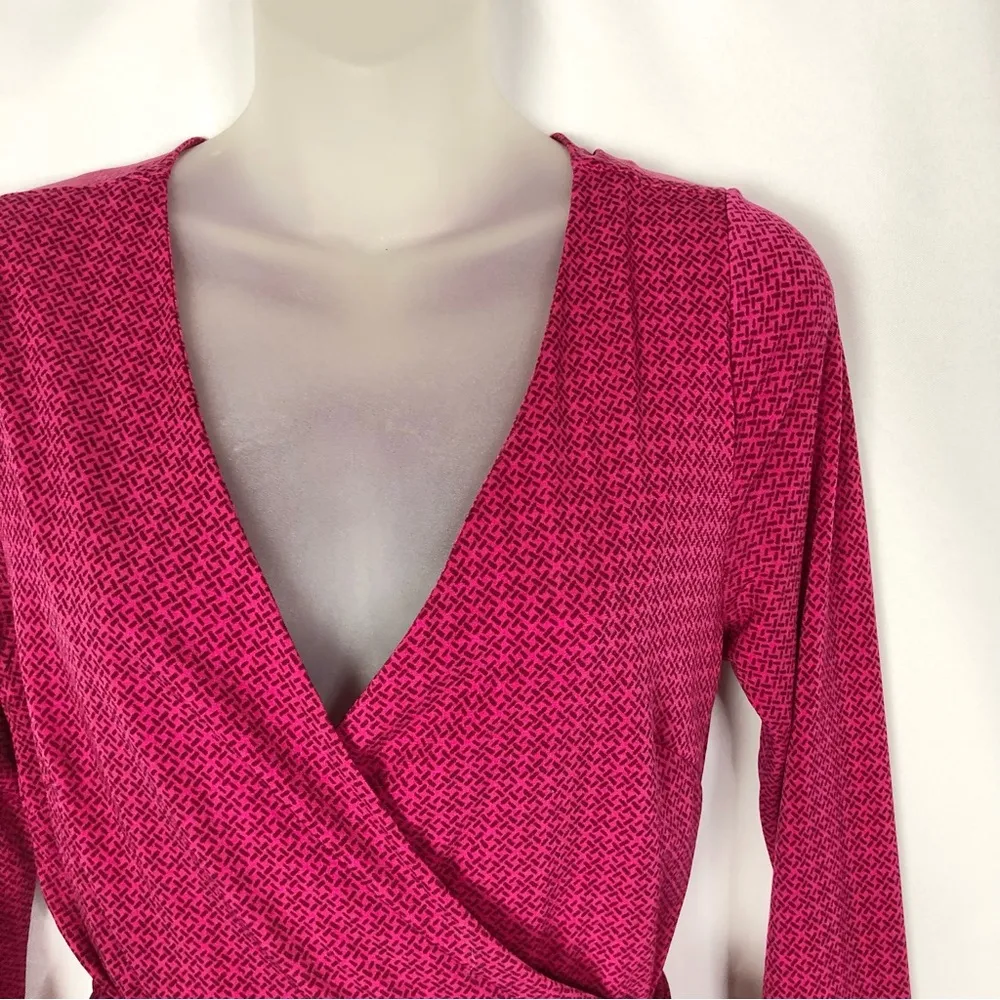 Forever 21 Hot Pink Notch Printed Long Sleeve Wrap Dress S - Image 3