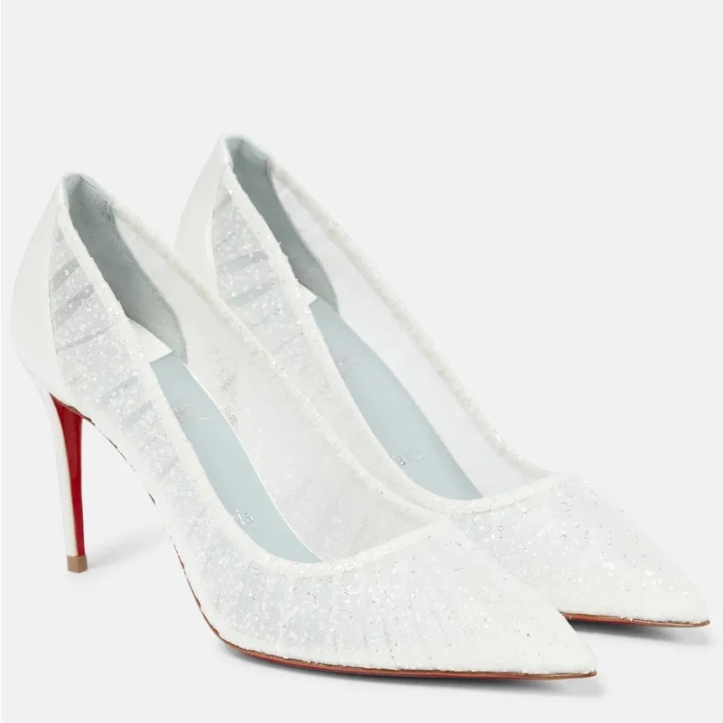 Christian Louboutin Kate Draperia 85 White Glitter Tulle Bridal Low Heel Pump 38 - Image 2