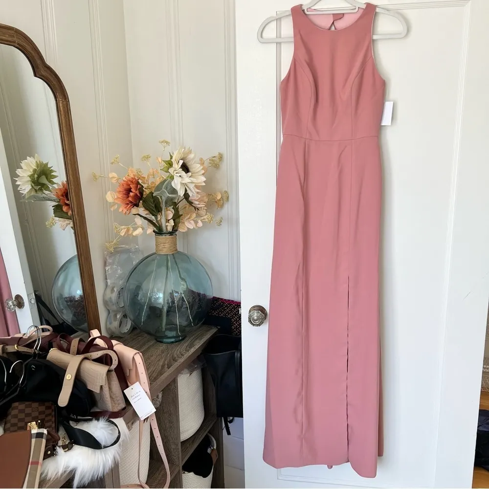 Dessy Collection DIAMOND CUTOUT BACK TRUMPET GOWN WITH FRONT SLIT IN DESERT ROSE Pink Size 2 - Image 3