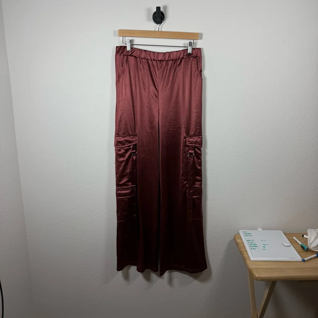 Persaya Women’s Wide Leg Satin Cargo Pants in Burgundy/Brown Size XL - Image 6