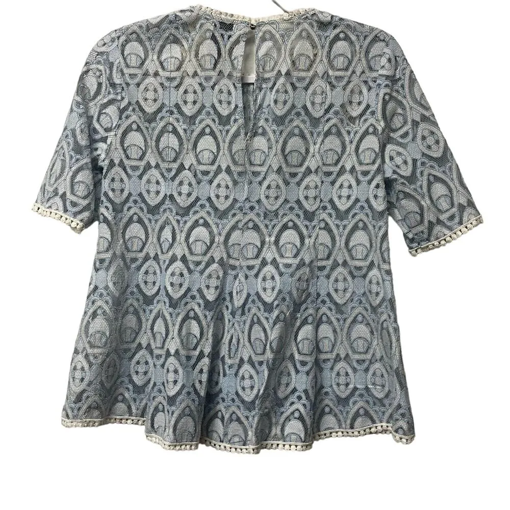 HD in Paris Anthropologie Women’s Sz 2 Light Blue Cream Lace Peplum Style Blouse - Image 2