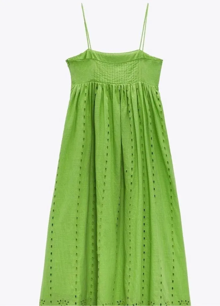 Zara Openwork Embroidery Midi Maxi Dress Lime Green 100% Cotton Size XS NEW - Image 5