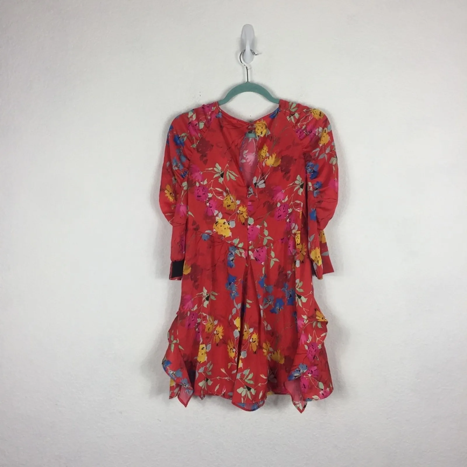 NWT Zara Satin Romper Small Red Japanese Floral Ruffle Puff Sleeve Ruched - Image 15