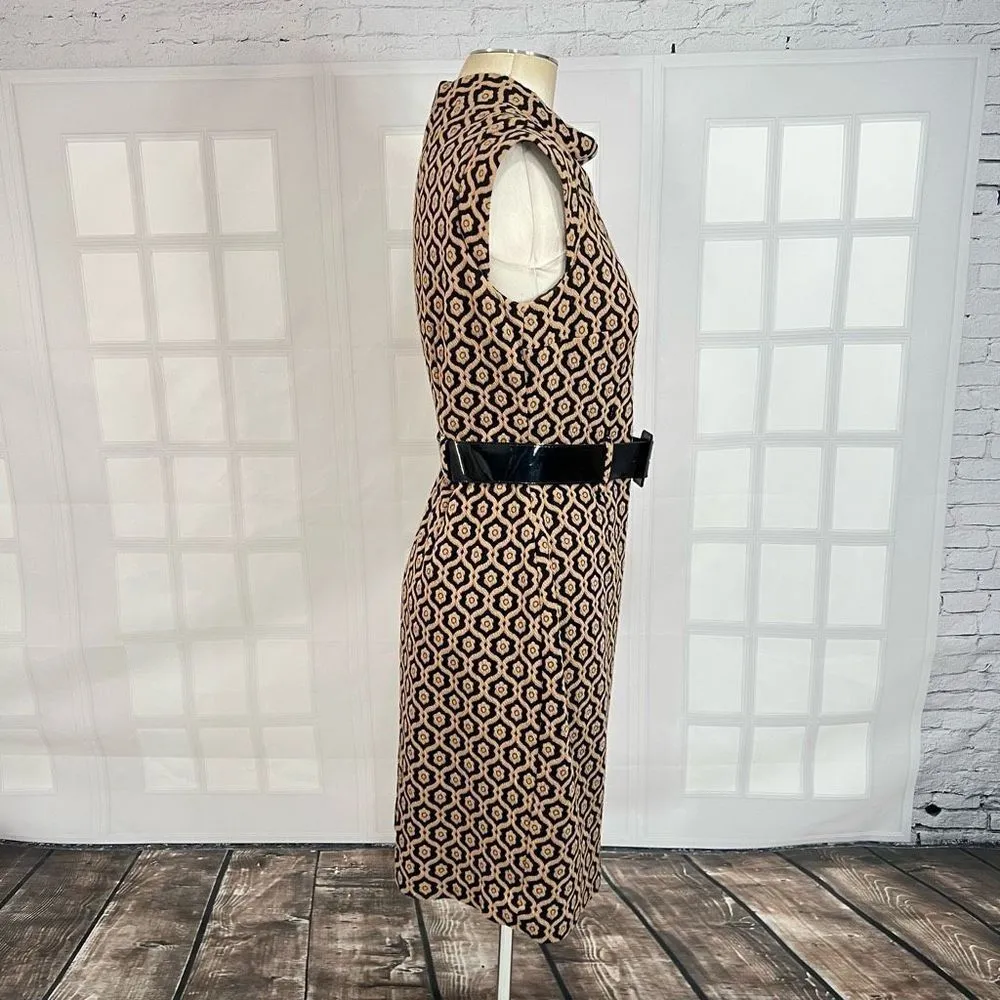 Nine West Women's Allover Print Sleeveless Roll Collar Tan Knit Sheath Dress 10 - Image 4
