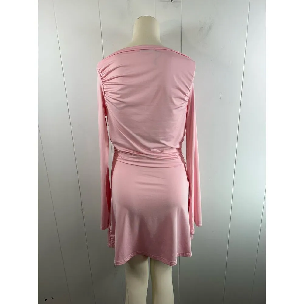 Edikted  Leena Ruched Off the Shoulder Long Sleeve Minidress in Pink Size Large - Image 6