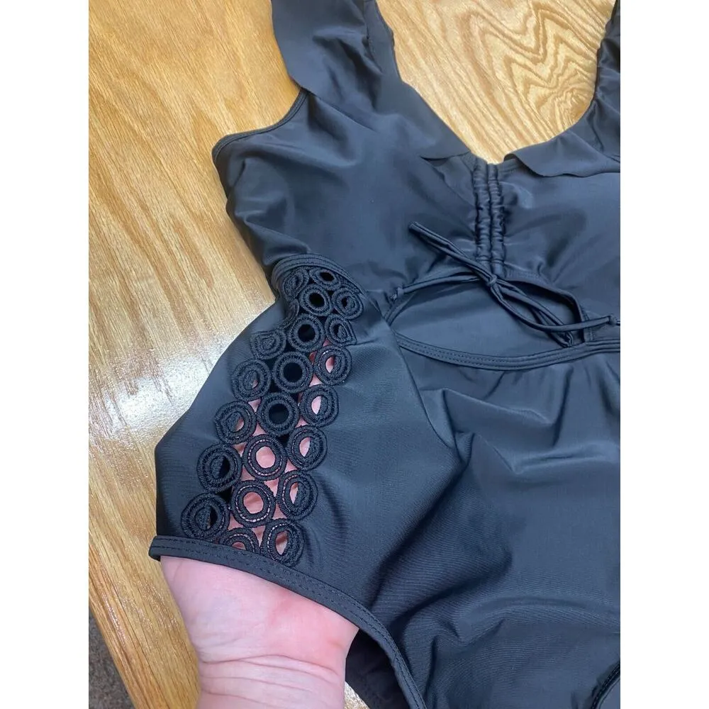 Rosegal Swimwear Women's 2X Black Ruffle Strap Cut on Lace One Piece B82 - Image 2