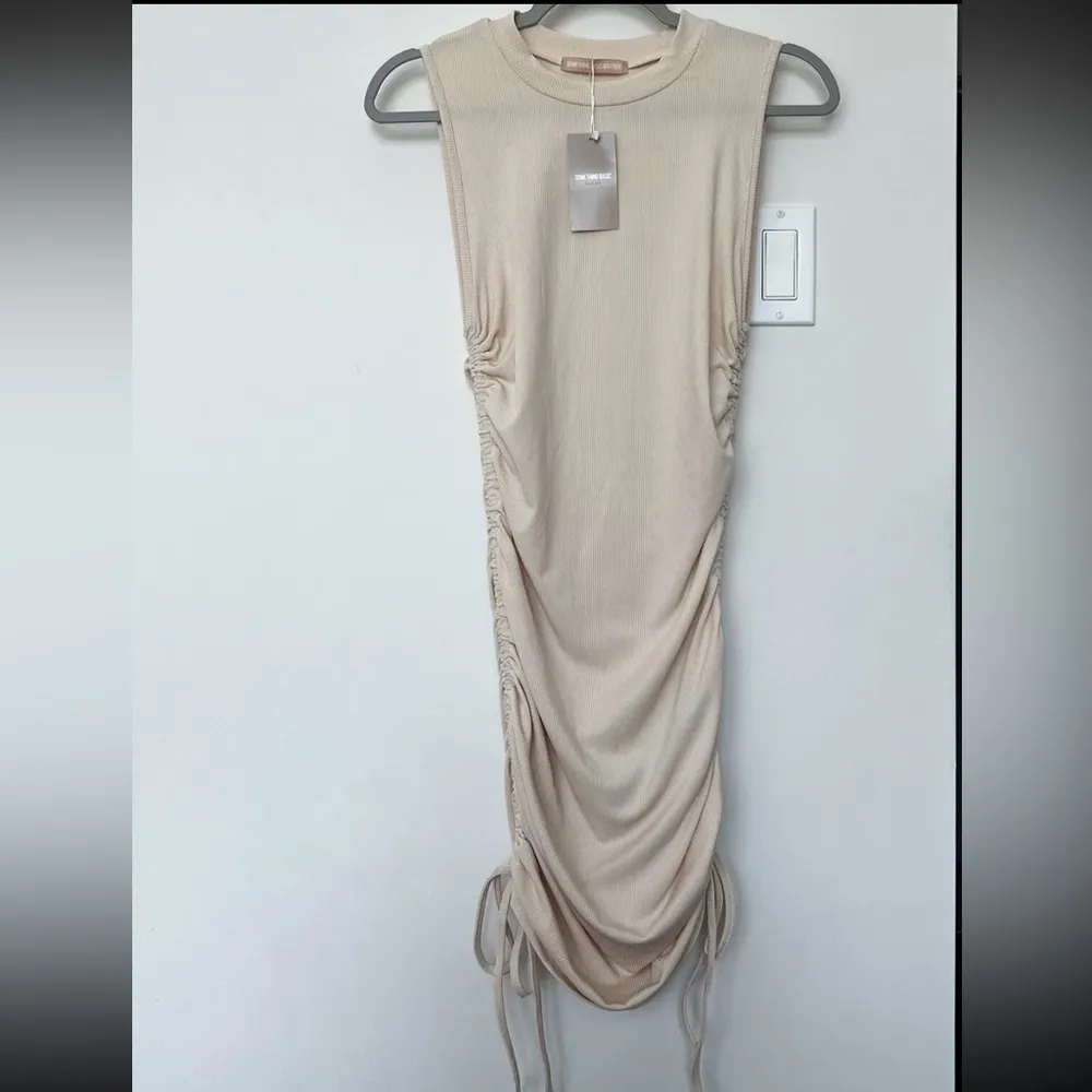 Women's Sleeveless Bodycon Mini Knit Ruched Stretch Side Drawstring Tank Dress L Tan Size L - Image 2