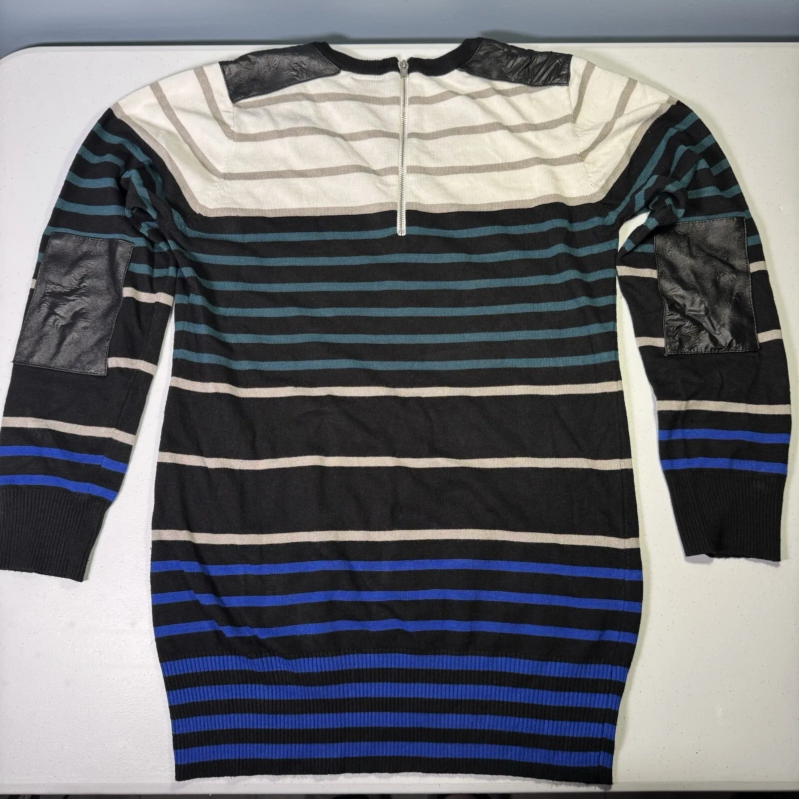 Dots Brand, Women's‎ Large Striped Blue Green Edgy Fitted Dress above the Knee - Image 13